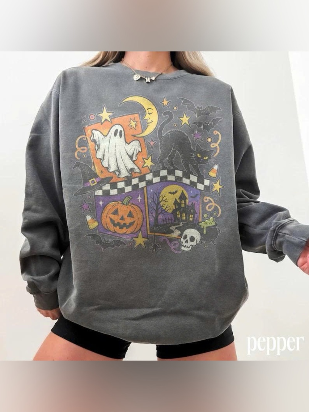Pepper Gray Halloween Graphic Pullover Sweater